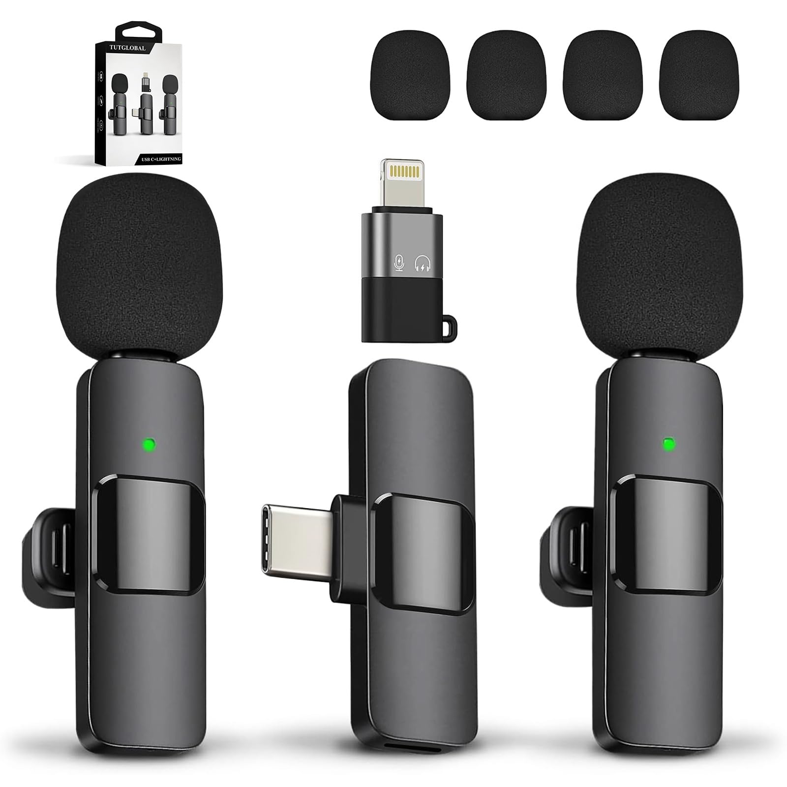TUTGLOBAL USB C Mini Microphone for iPhone 15 16,iOS and Android Devices,2 Pack Wireless Lavalier Microphones + 4 Extra Windscre
