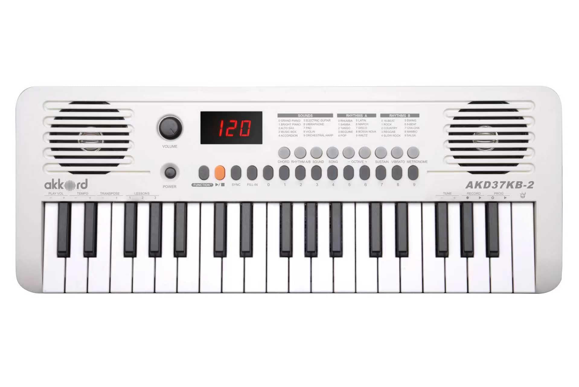 Akkord 37 Keys Music Keyboard - White Edition | 20 Rhythms, 10 Tones & 10 Demos, Led Display, Portable Beginner Piano Compatible