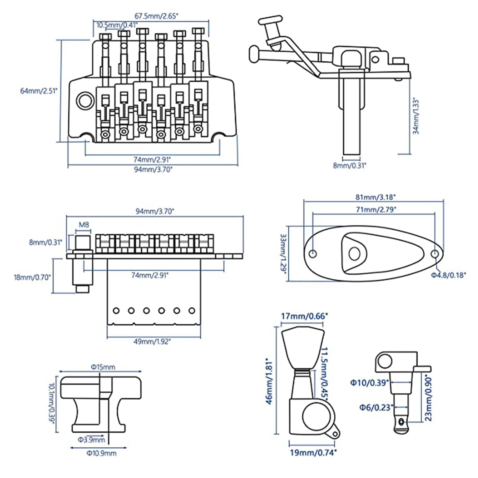 Swhmc Silver Guitar Double Locking Tremolo Bridge with Bar for Double Strat Locking Floyd Rose Style Electric Guitar and 6R Seal