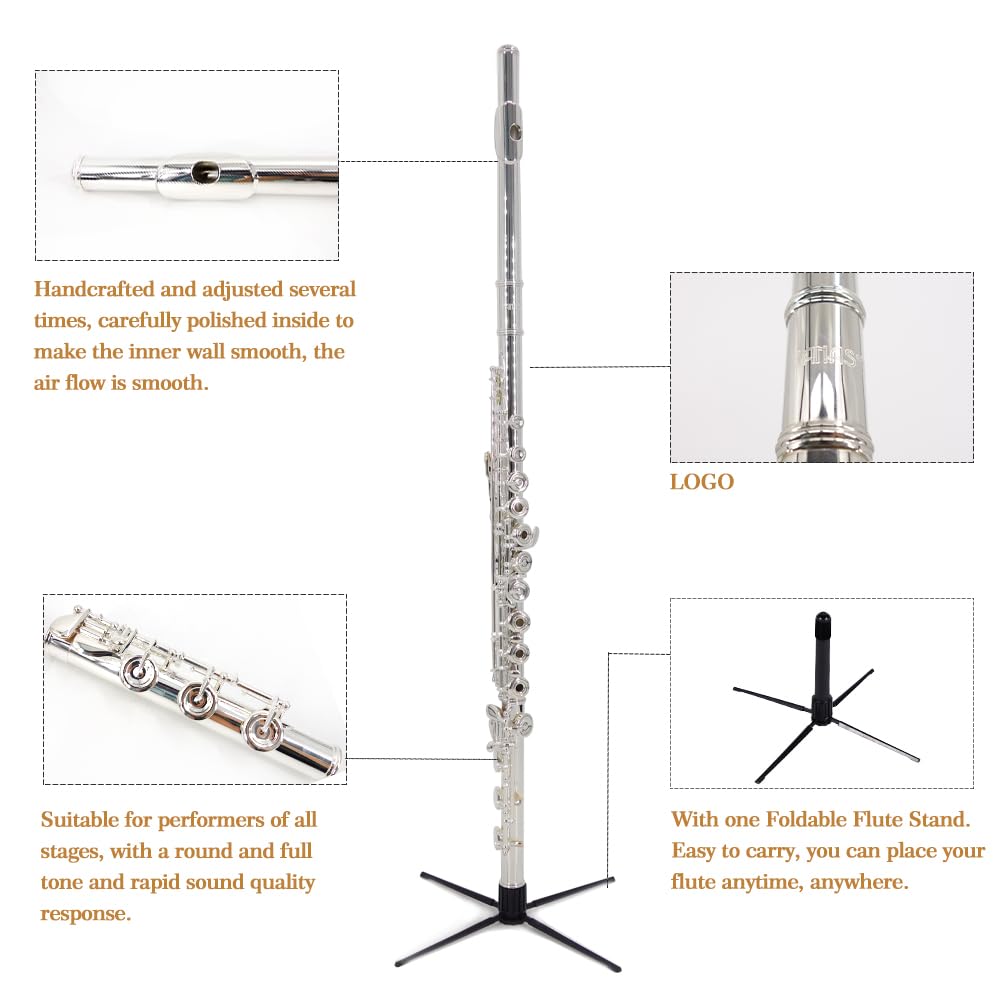 YANASON Open Hole C Flutes 17 Key Silver Beginner Student With Carrying Case Gloves Cleaning Rod Adjustment screws and Cloth (17