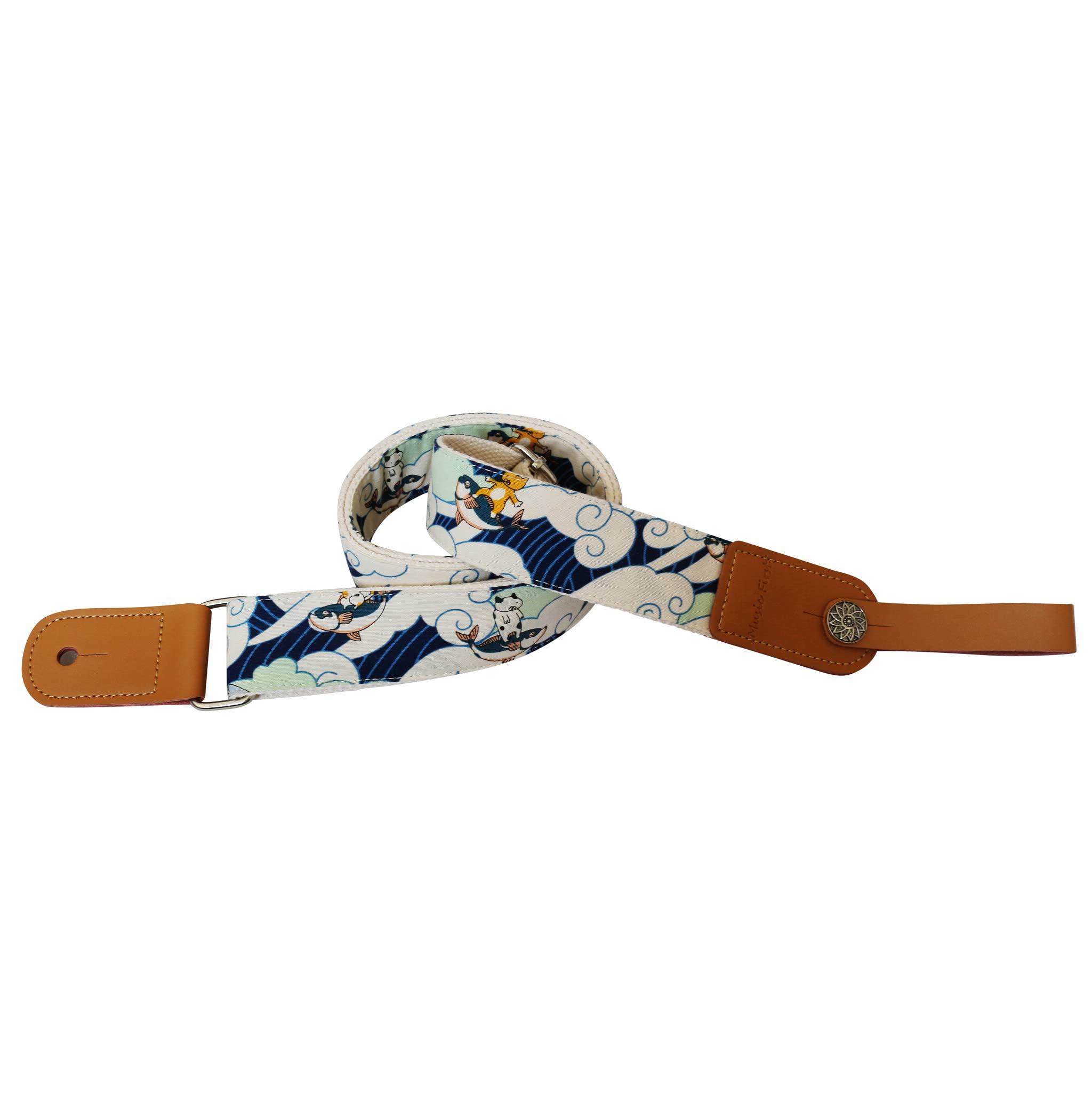 MUSIC FIRST Original Design Vintage Ukiyoe Style Surfing Cat Soft Muslin & Genuine Leather Ukulele Strap Ukulele Shoulder Strap 