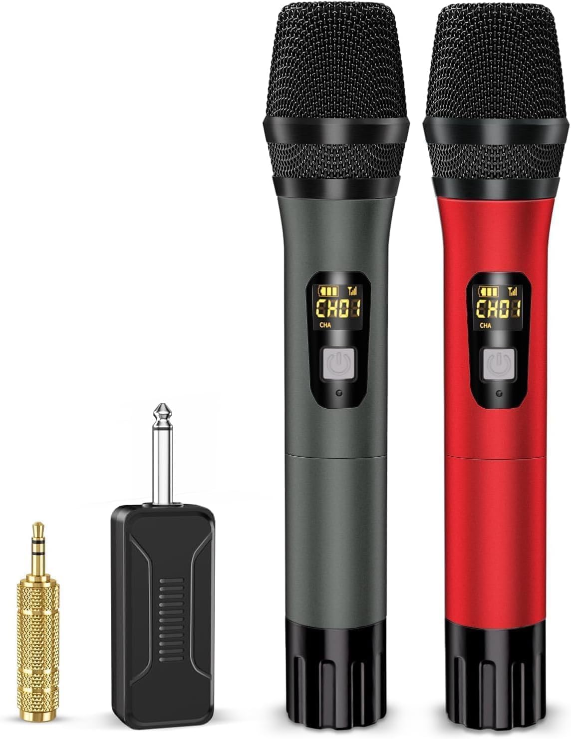 Wireless Microphones, Professional UHF Metal Dual Handheld Cordless Dynamic Mic System with Rechargeable Receiver, 1/4 Output, 1
