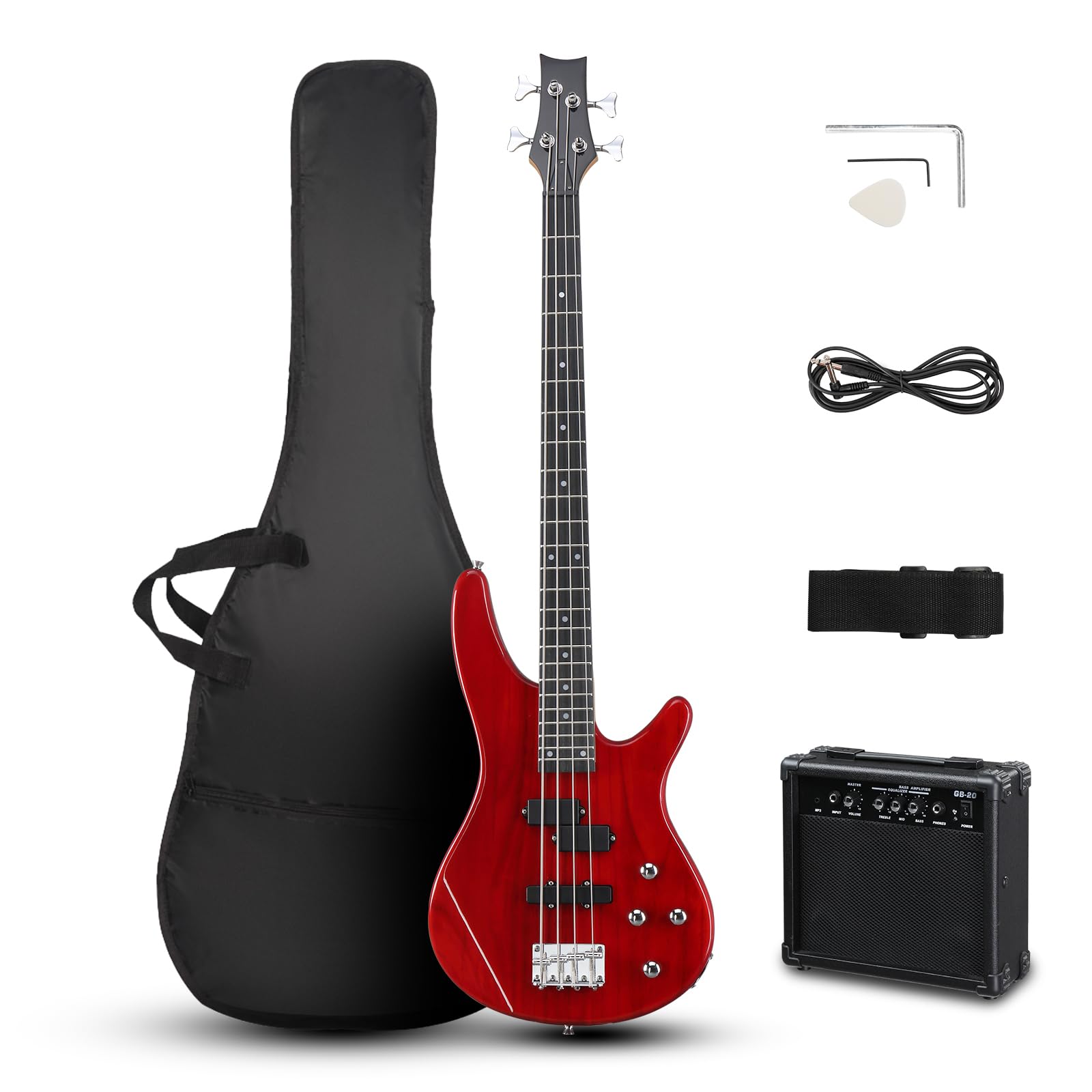 Ktaxon Electric Bass Guitar 4 String Bass Guitar With 20 Watt Amplifier, Pj Type Pickup, Naturally Air-Dried Maple Neck, Rosewoo