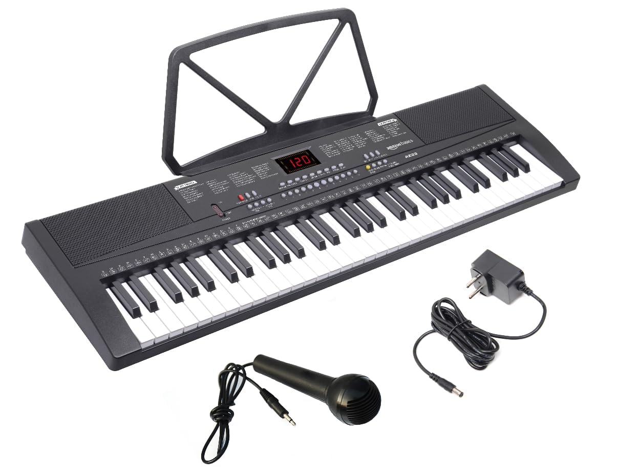 Amazon Basics 61 keys Electronic Keyboard Piano with LED Display | Adapter | Key Note Stickers | Mic | Music Sheet Stand - Works