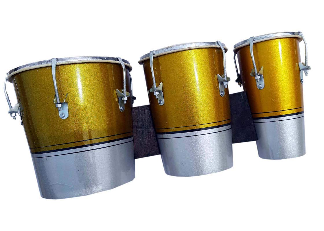 Ganpati Traders 8 Inch Professional Three Piece Hand Made Mango Wooden Bango Drum Set (Yellow & Black 01)