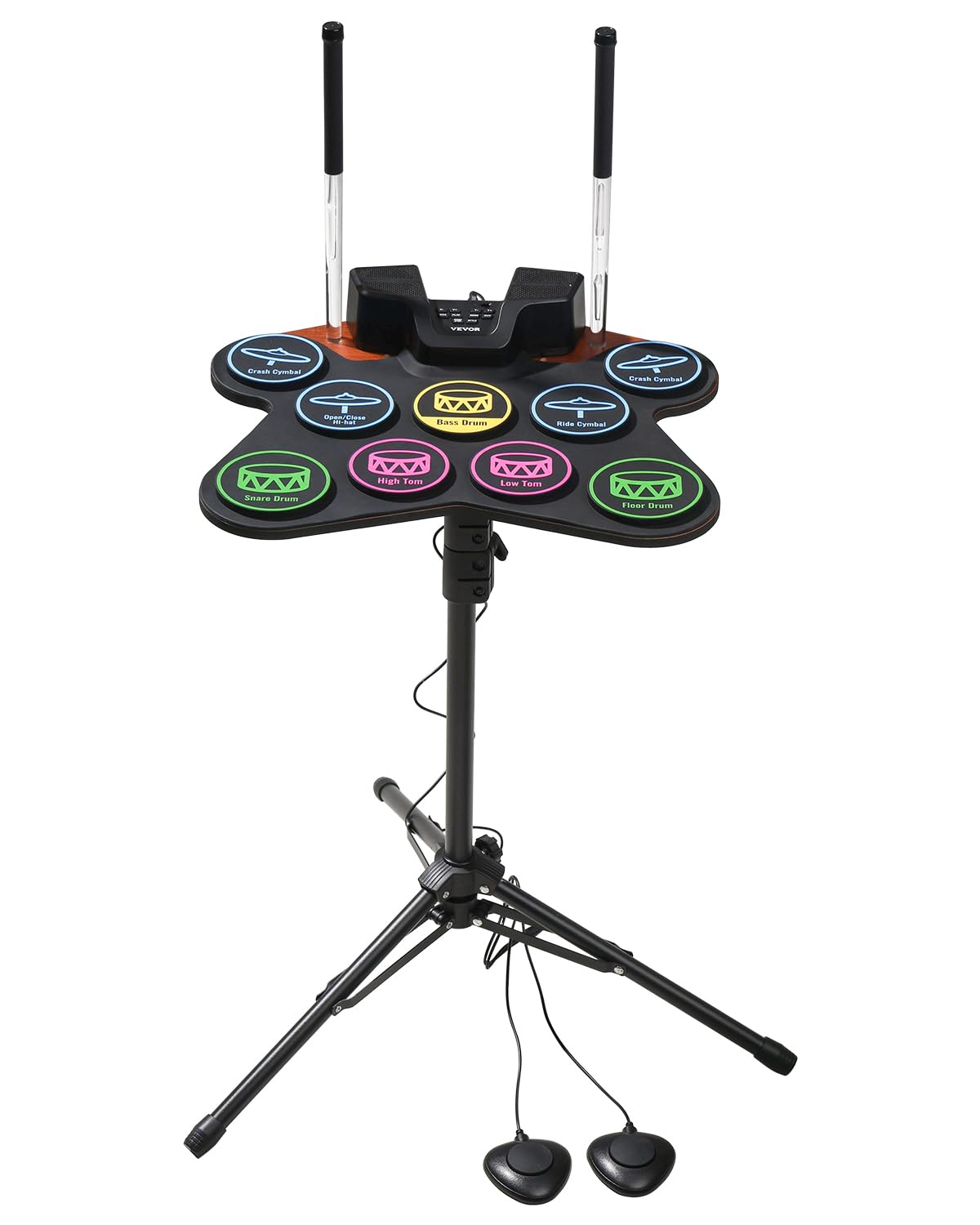 VEVOR Electric Drum Set, 9 Pads, Roll-up Drum Practice Pad, Electronic Drumset with Headphone Jack, Stand, Double Pedals, Light 