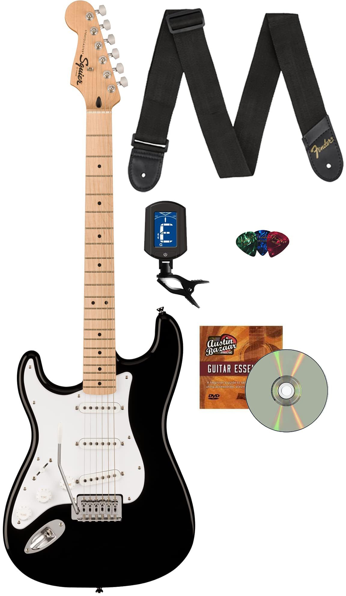 Fender Squier Sonic Stratocaster Left-Handed - Black Bundle With Tuner, Strap, Picks, And Austin Bazaar Guitar Dvd