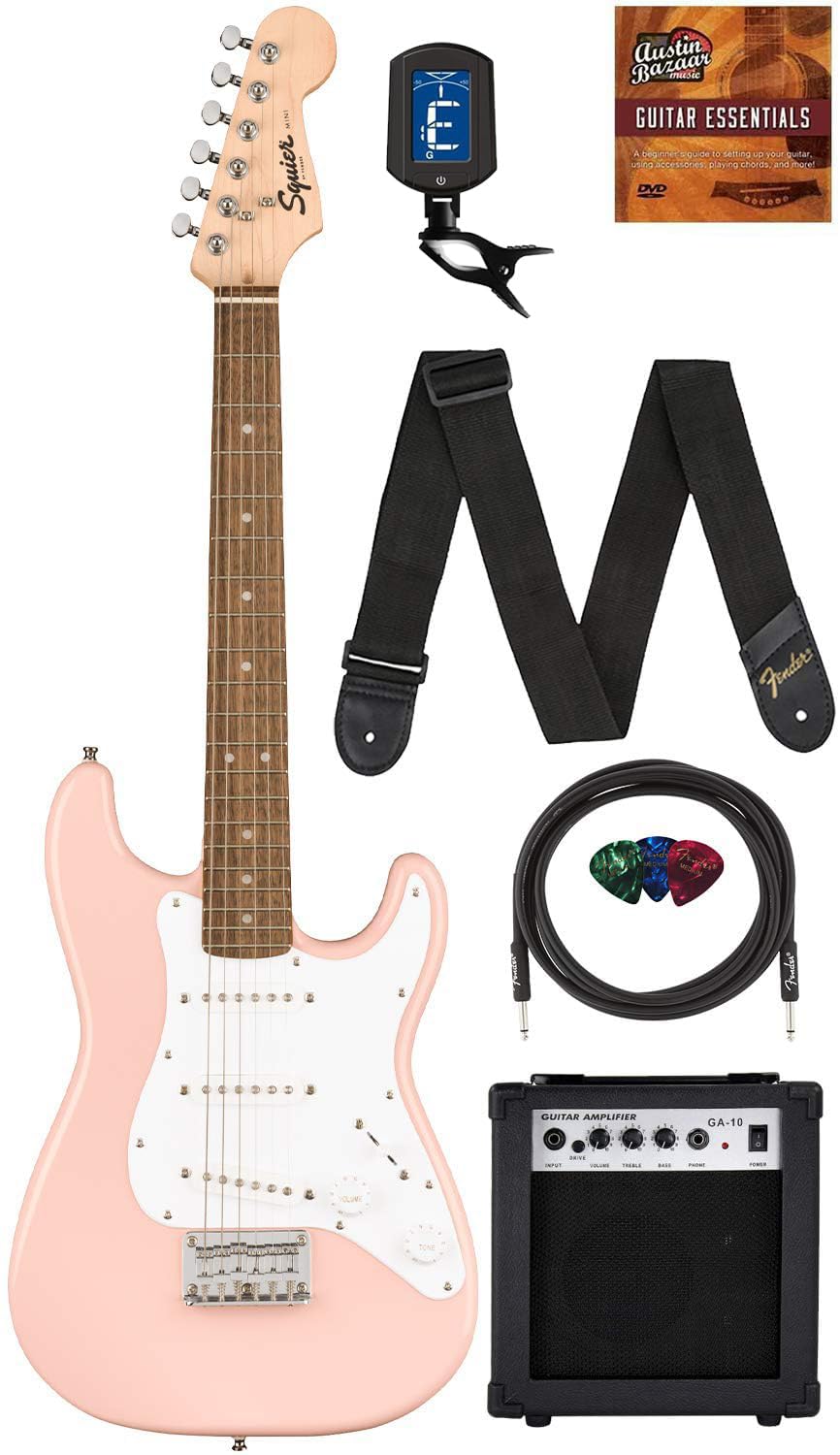 Fender Squier 3/4-Size Kids Mini Strat Electric Guitar - Shell Pink Bundle with Amplifier, Cable, Tuner, Strap, Picks, and Austi