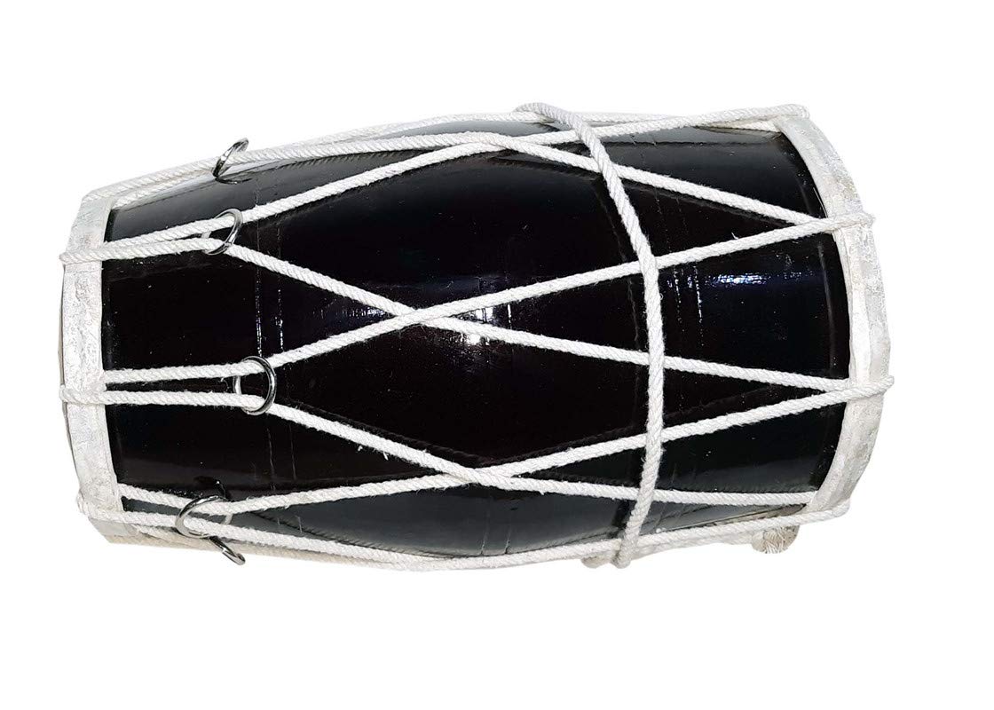 Ganpati Traders Handmade Dark Black Polish Rope Fitting Both Side Goat Skin Dholak (Black)