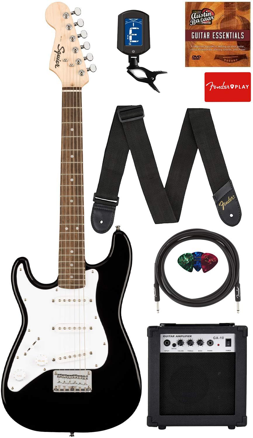 Fender Squier 3/4-Size Left-Handed Kids Mini Strat Electric Guitar - Black Bundle with Amplifier, Instrument Cable, Tuner, Strap