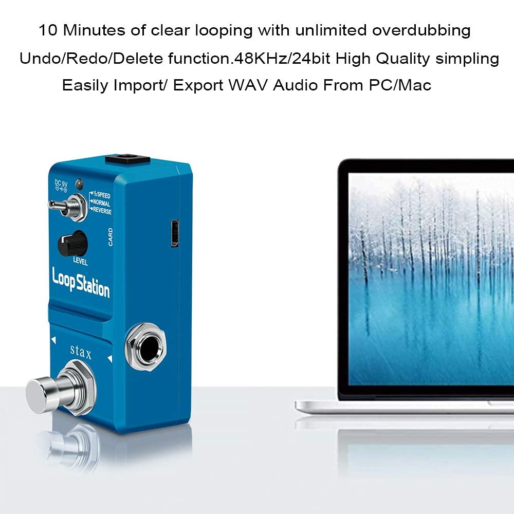 Stax Mini Looper Guitar Pedal Loop Station Pedal Unlimited Overdubs 10 Minutes of Looping, 1/2 Time, and Reverse, Built-in 1G SD