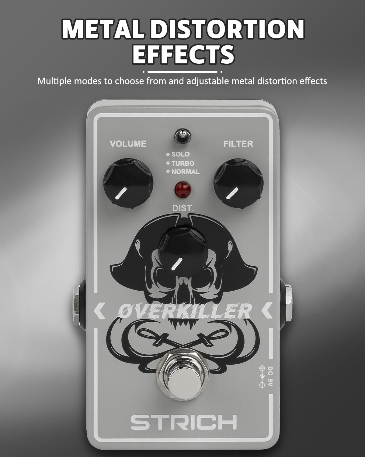 STRICH OVERKILLER Metal Distortion Pedal for Electric Guitar, Compact Mini Unit, True Bypass, 3 Control Knobs, Volume, Filter, D