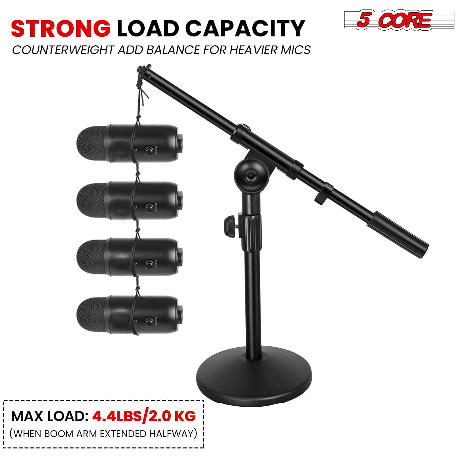 5Core Mic Stand Desk Adjustable Extendable Boom Arm Table Microphone Holder w Round Base Anti Slip Pad + Mic Clip + 3/8'' & 5/8'