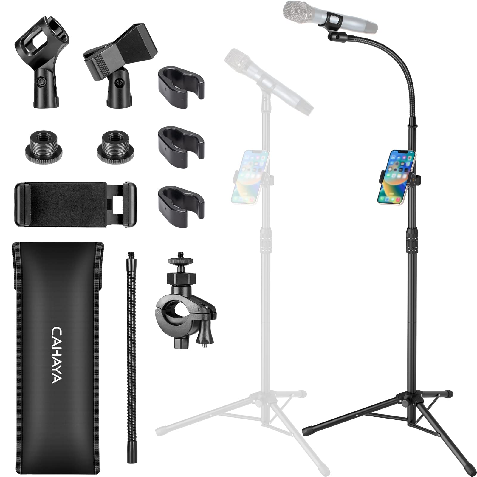 Cahaya Dual-Use Tripod Microphone Stand With Phone Holder Gooseneck Floor Mic Stand Portable With Carrying Bag And 2 Mic Clips F