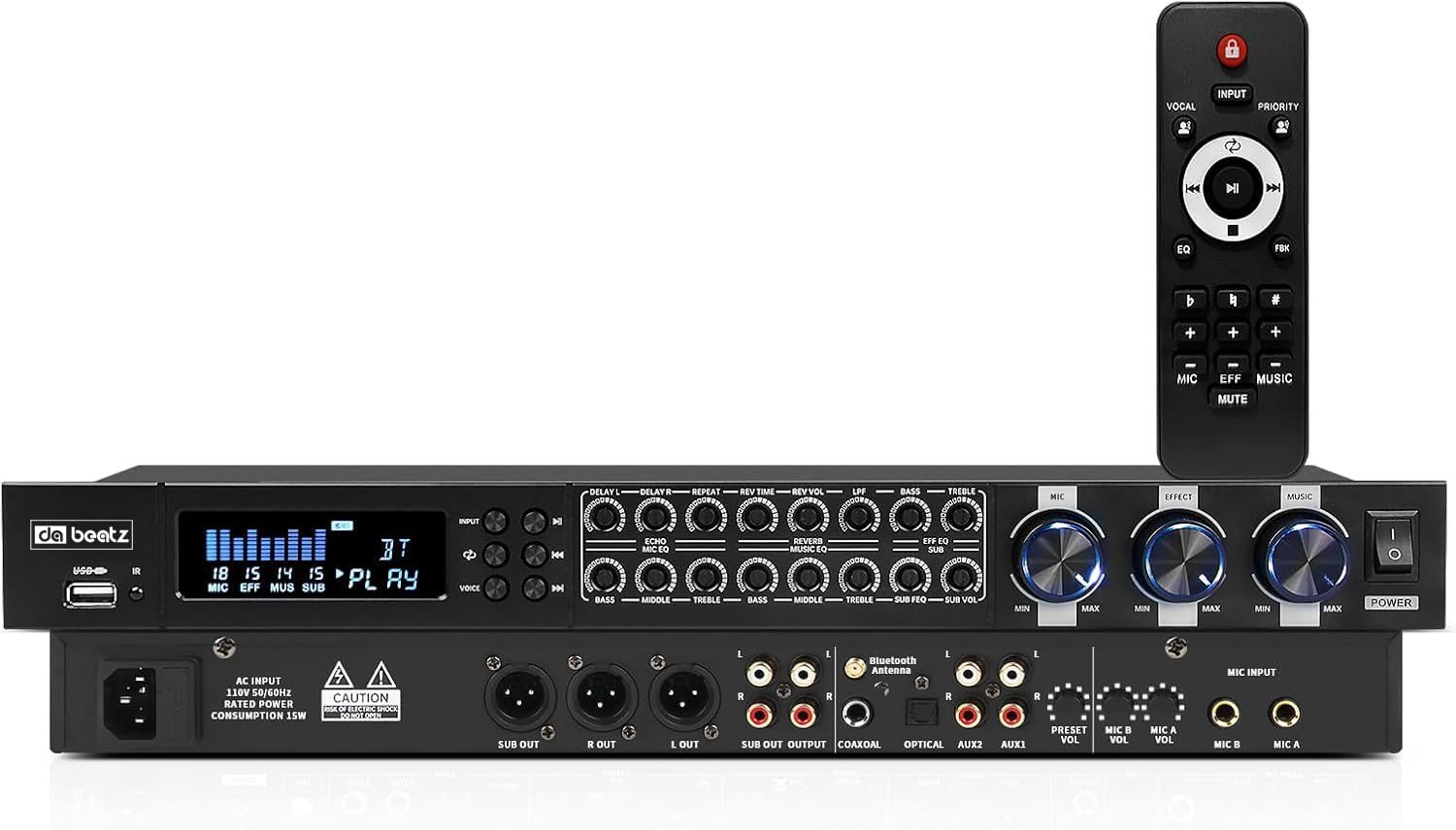 DaBeatz KT900DSP Karaoke Preamp Effector, Professional Digital Audio Processor with Echo, Anti-Howling, USB MP3, Bluetooth & Opt
