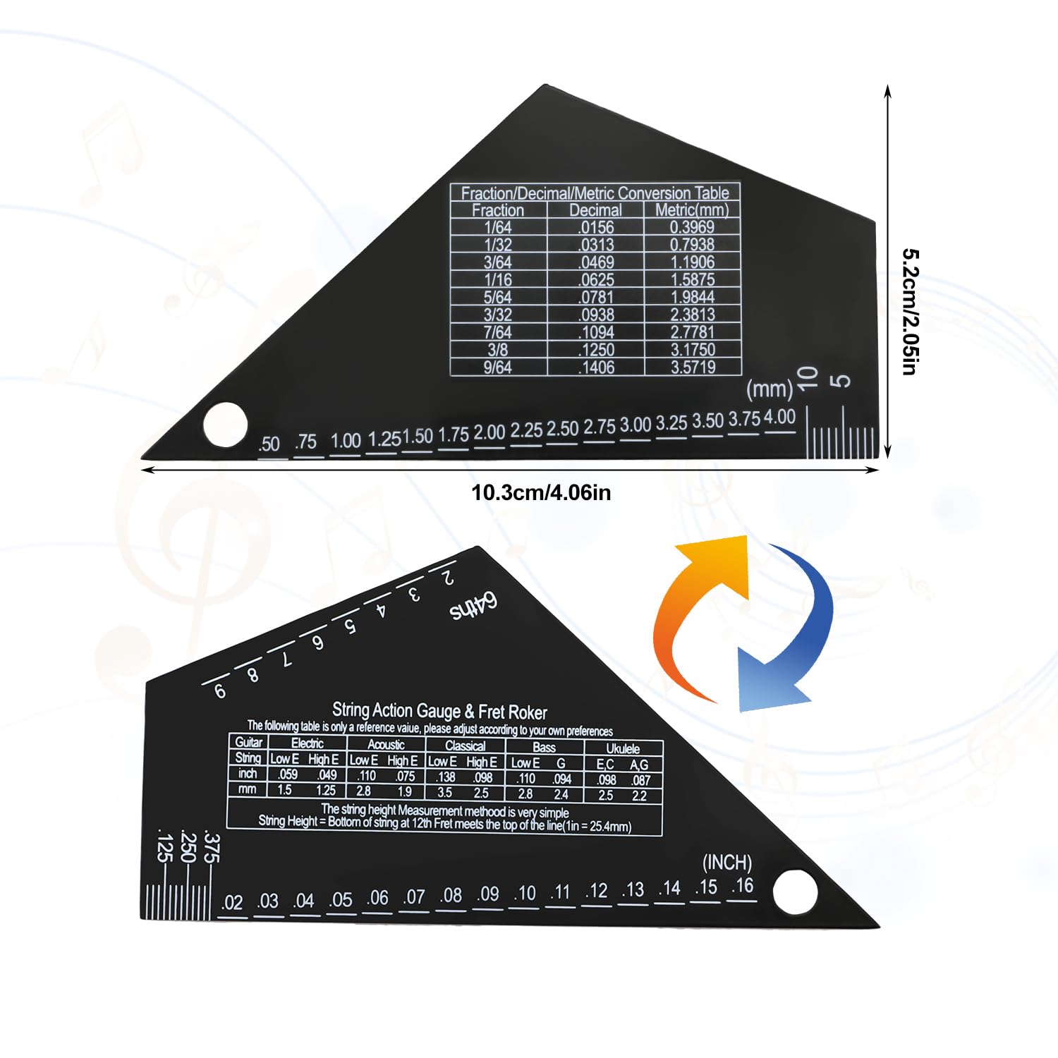 Guitar String Spacing Action Gauge, High Precision Sliding Pentatonic Scale Fret Rocker with Metric & Conversion Charts String H