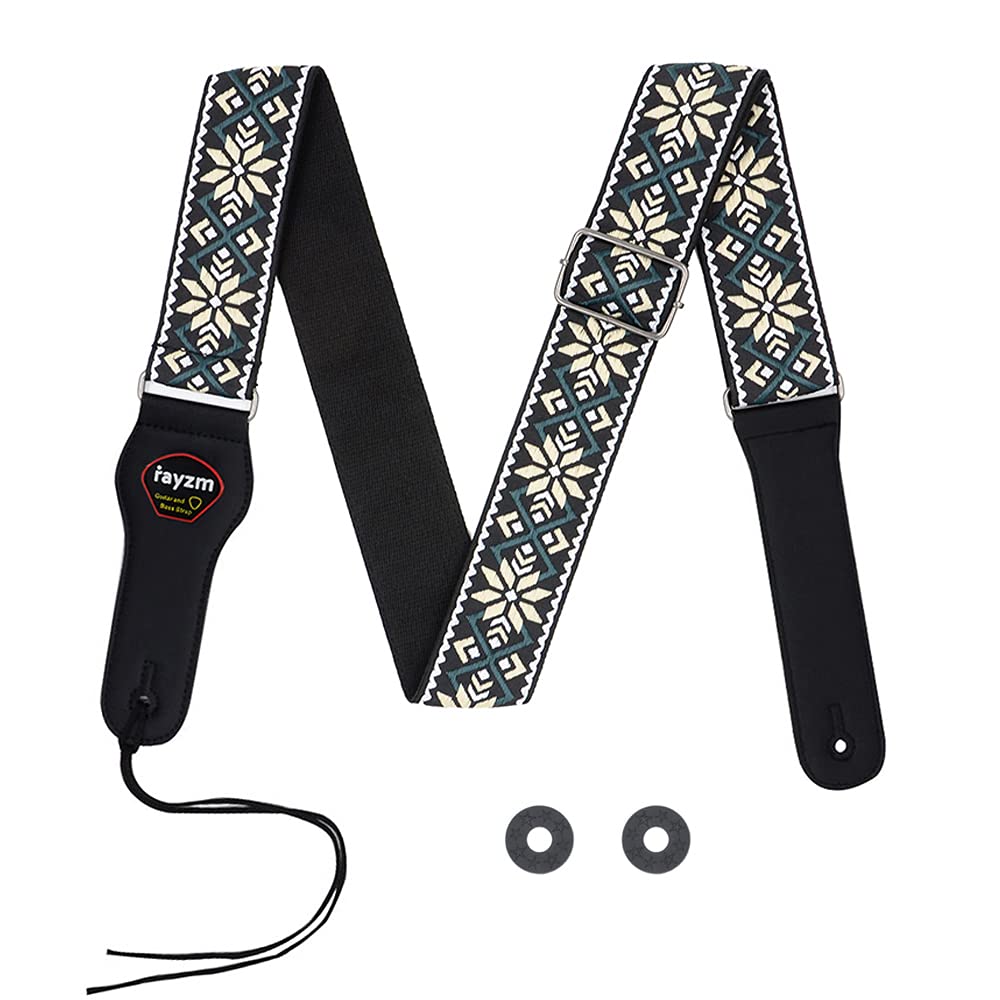 Rayzm Embroidery Guitar Strap, Jacquard Weave Cotton Strap For Acoustic/Electric/Bass Guitar With Plectrum Picks Pocket And 1 Pa