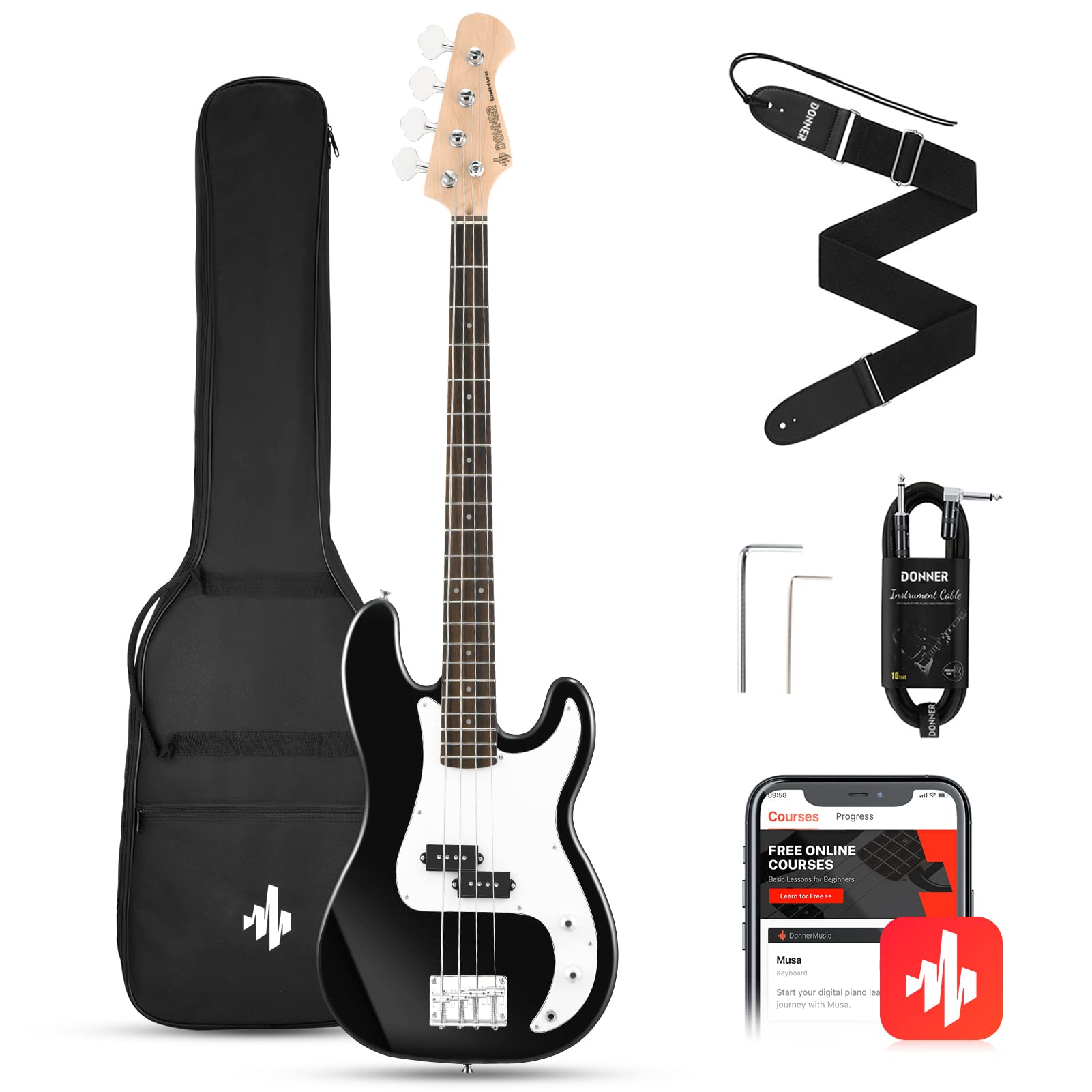 Donner Electric Bass Guitar 4 Strings Full-Size Standard Bass Pb-Style Beginner Kit Black For Starter With Free Online Lesson Gi