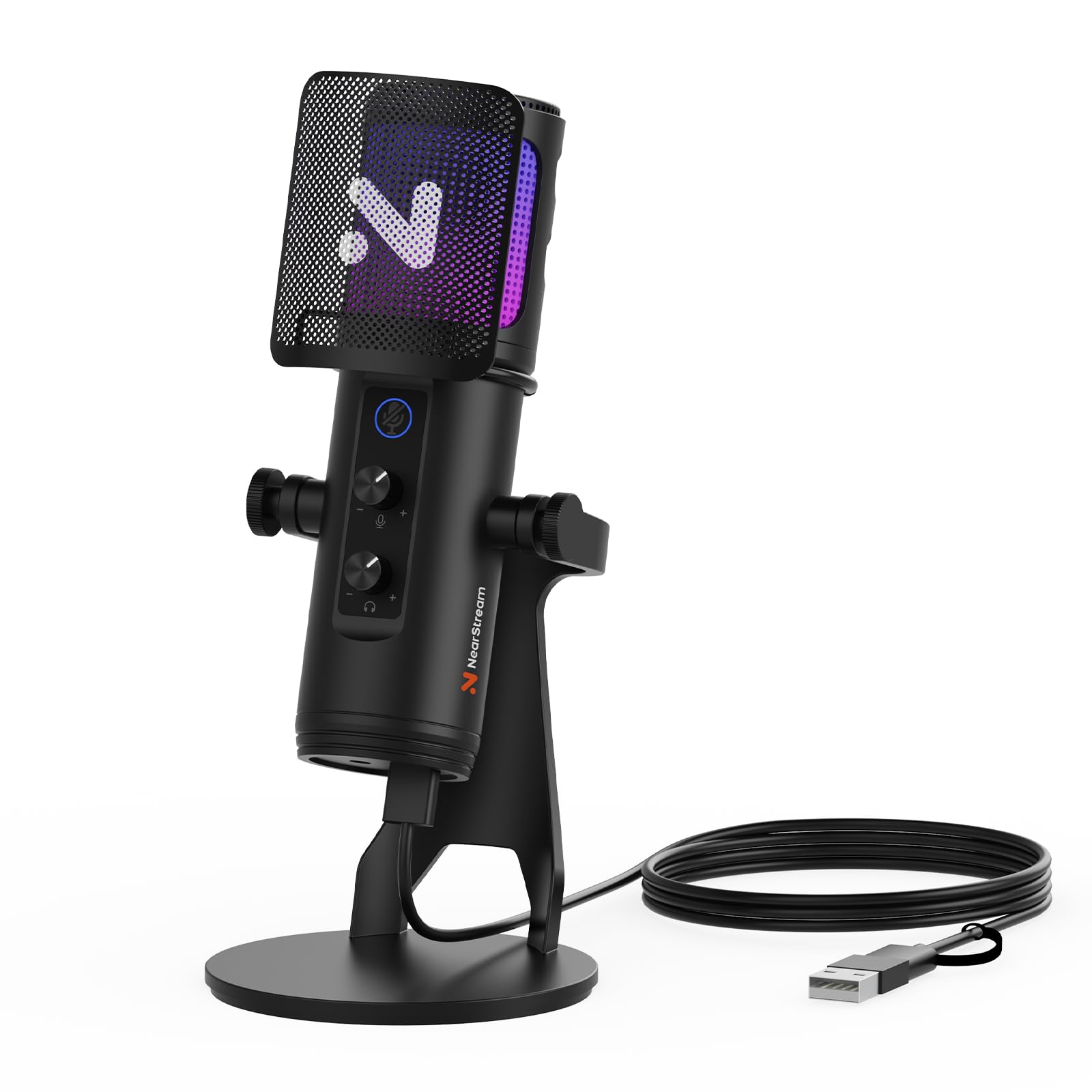 NearStream USB Gaming Microphone for PC with Noise Canceling/RGB Light/Quick Mute/Gain/Headphones Jack/Pop Filter, Desktop Conde
