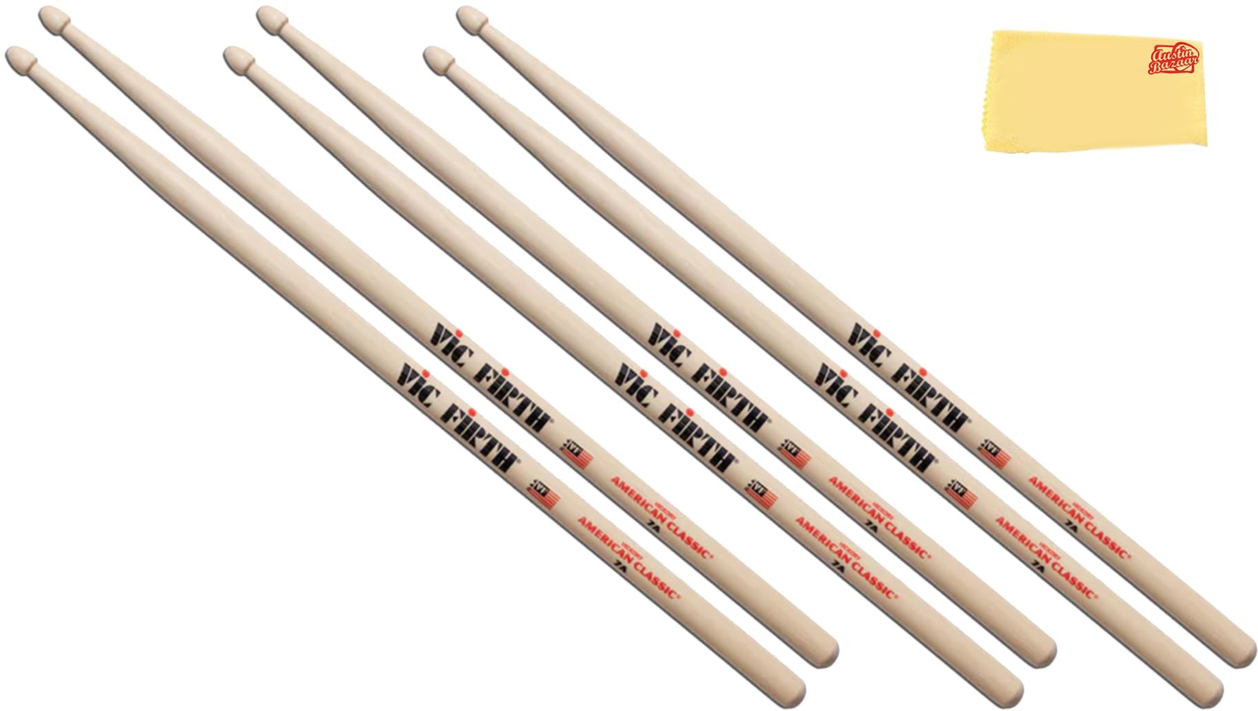 Vic Firth 7A American Classic Drum Sticks - 3 Pairs with Austin Bazaar Polishing Cloth