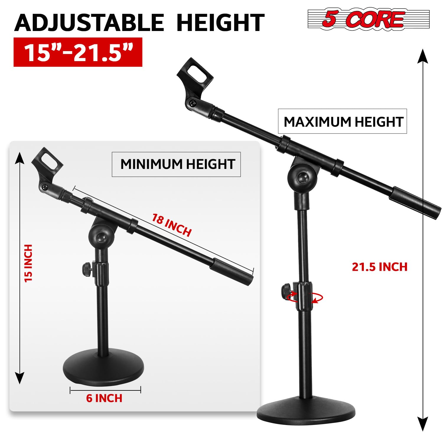 5Core Mic Stand Desk Adjustable Extendable Boom Arm Table Microphone Holder w Round Base Anti Slip Pad + Mic Clip + 3/8'' & 5/8'