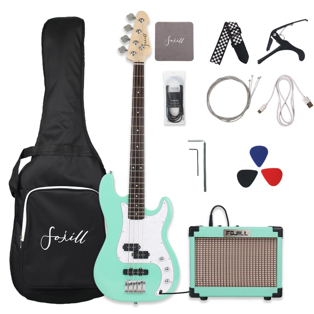 Fojill Full Size Four String Electric Bass Guitar With 10 Watt Amplifier 4 String Right Handed Beginner Kit Set With 600D Gig Ba