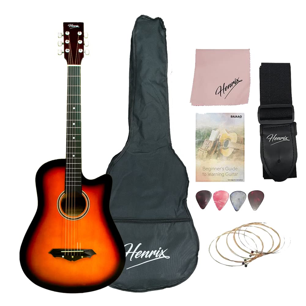 Henrix 38C 38 Inch Basswood Cutaway Acoustic Guitar With Dual Action Truss Rod, Gigbag, Picks, String Set, String Winder, Strap,