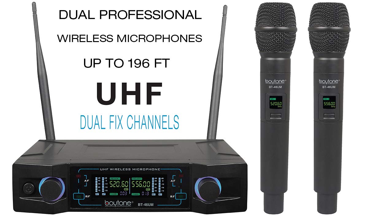 Boytone BT-46UM Wireless Microphone System, Dual UHF Cordless Mic Set, Long Distance 150-200Ft,16 Hours Continuous, Fixed Freque