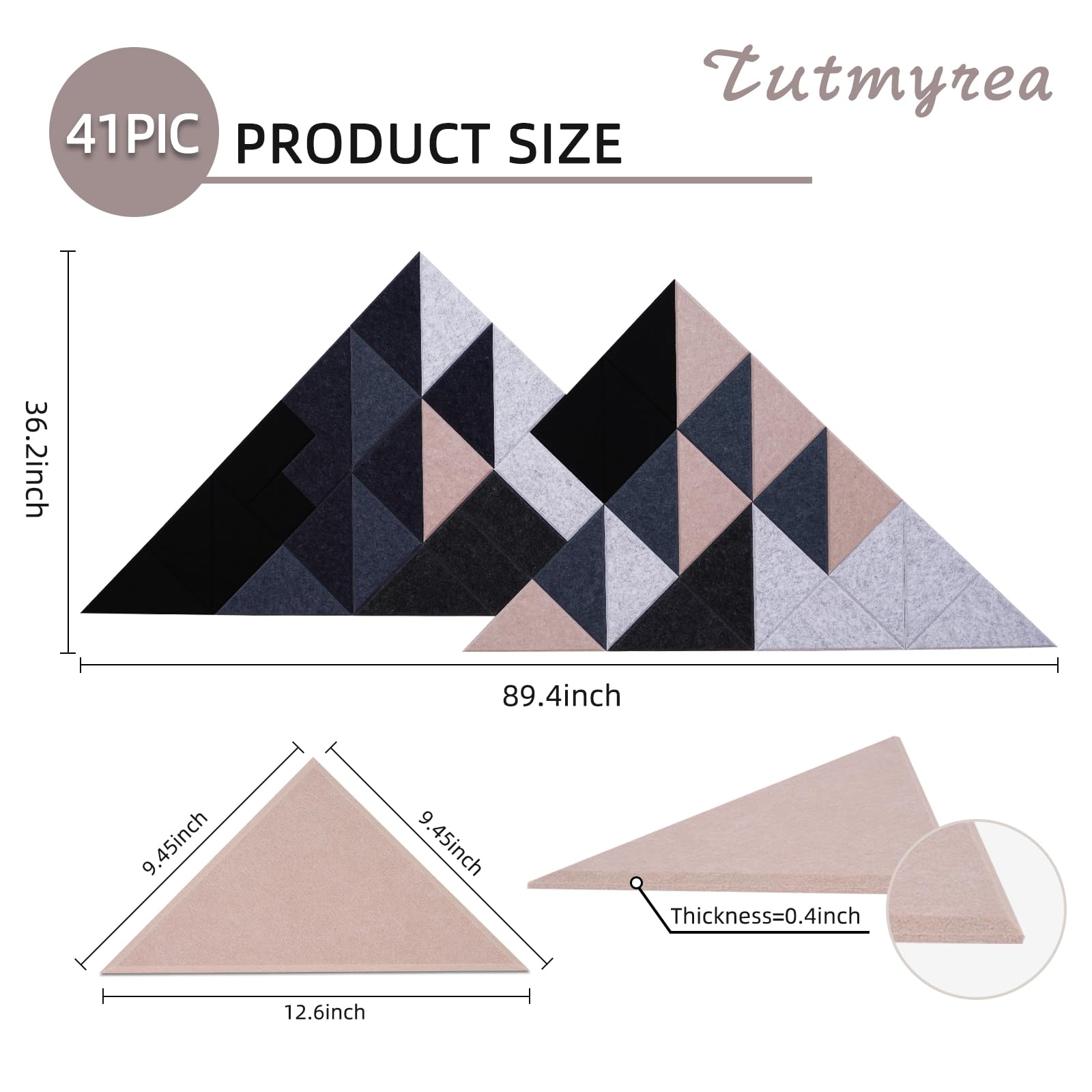 Tutmyrea 41 Pack Self-Adhesive Triangular Acoustic Panels, 88''X35'' Sound Absorbing Panels, Soundproof Wall Panels, Wall Decora