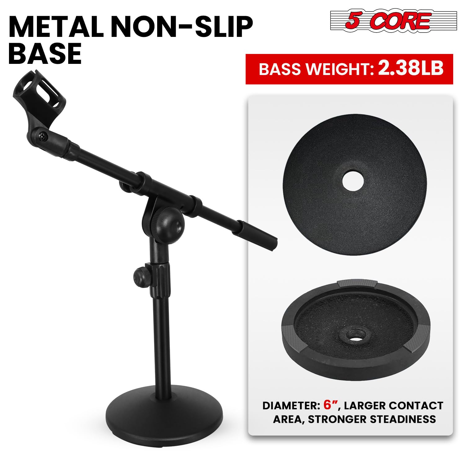 5Core Mic Stand Desk Adjustable Extendable Boom Arm Table Microphone Holder w Round Base Anti Slip Pad + Mic Clip + 3/8'' & 5/8'