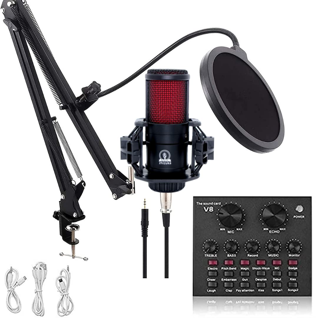 Zhizuka V500 Mic With V8 Sound Card Set | Condenser Microphone + Audio Mixer & Voice Changer | Recording, Broadcast, Streaming, 