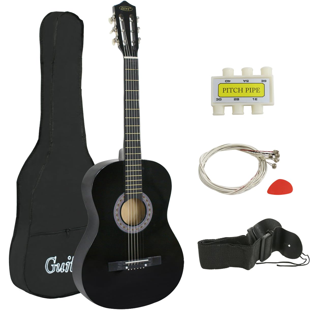 Zeny 38'' New Beginners Acoustic Guitar With Guitar Case, Strap, Tuner And Pick (Black)