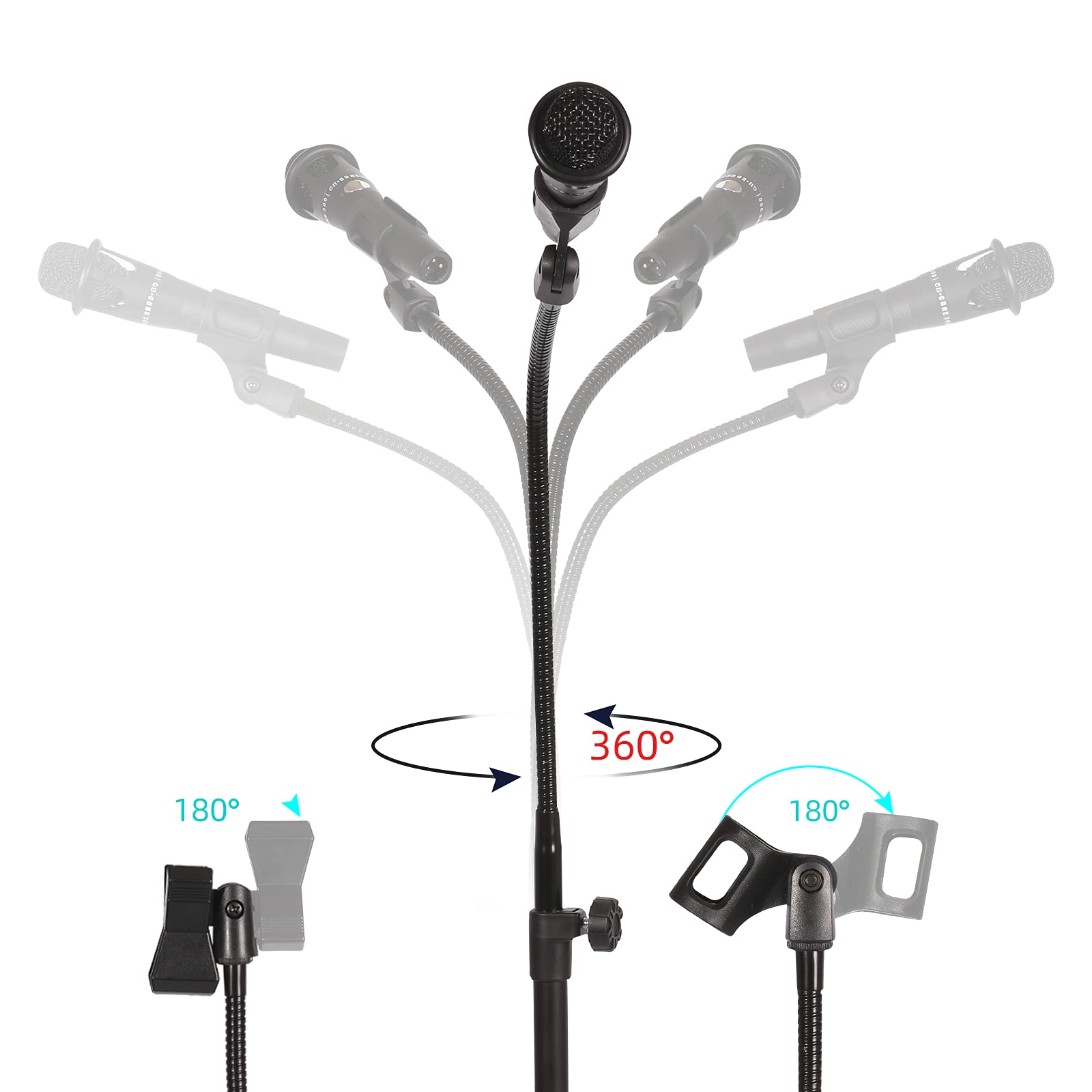 Mic Stand Boom Microphone Stands Tripod Gooseneck mic arm stand Height Adjustable 3'- 6' with Mic Clips and 3/8'' - 5/8'' Adapte