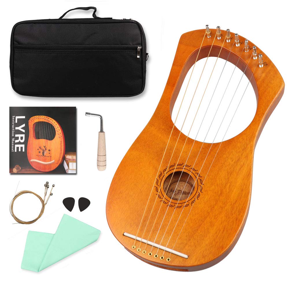 Mr.Power Lyre Harp Ancient Greece Style 7 Metal Strings Lyre with Tuning Wrench Extra String Set and Gig Bag (7 String, Natural 
