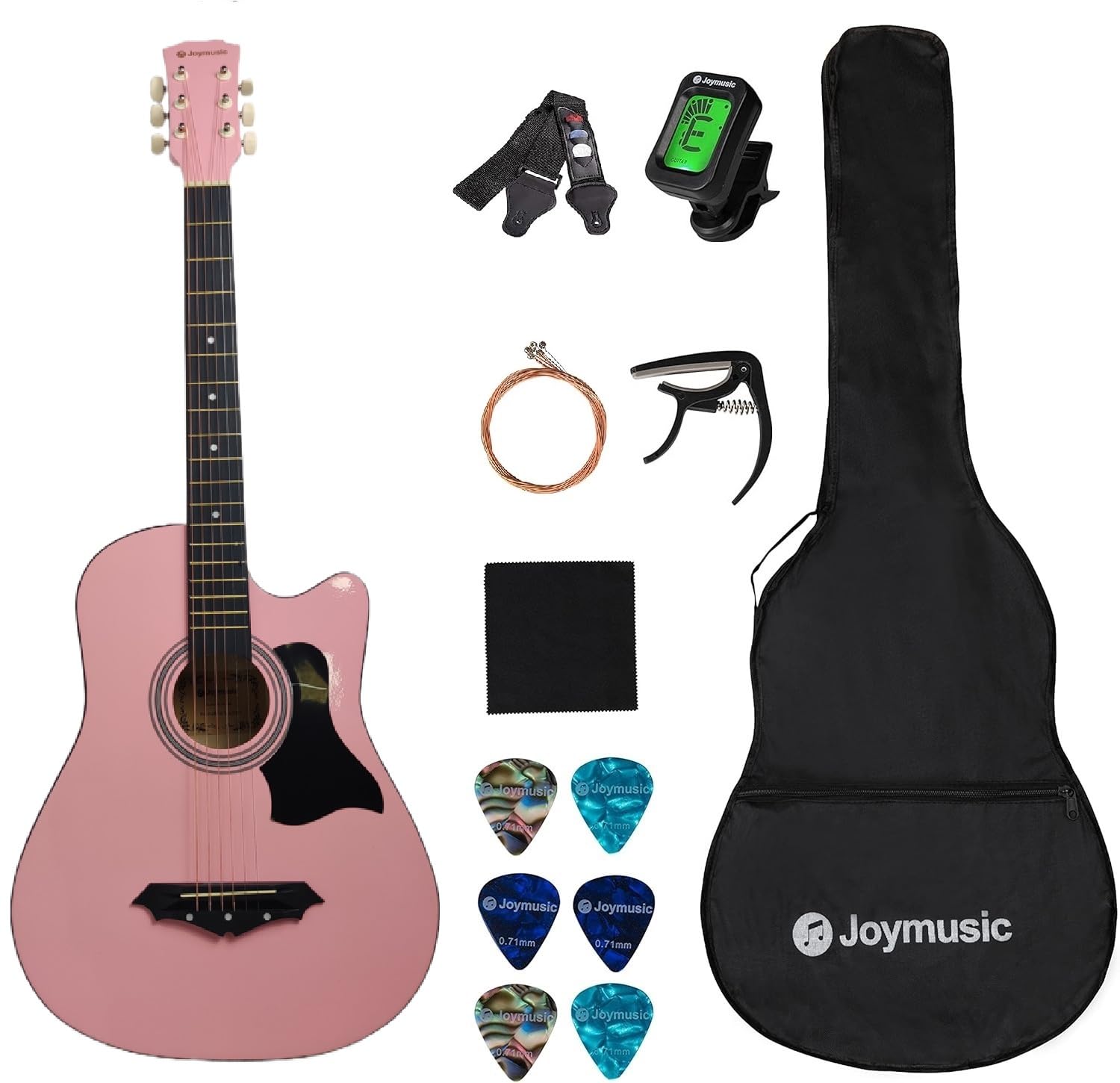 Joymusic 38 inch pink beginner acoustic guitar kit,bundle with a strap with picks holder,digital tuner, set strings, capo,cleani
