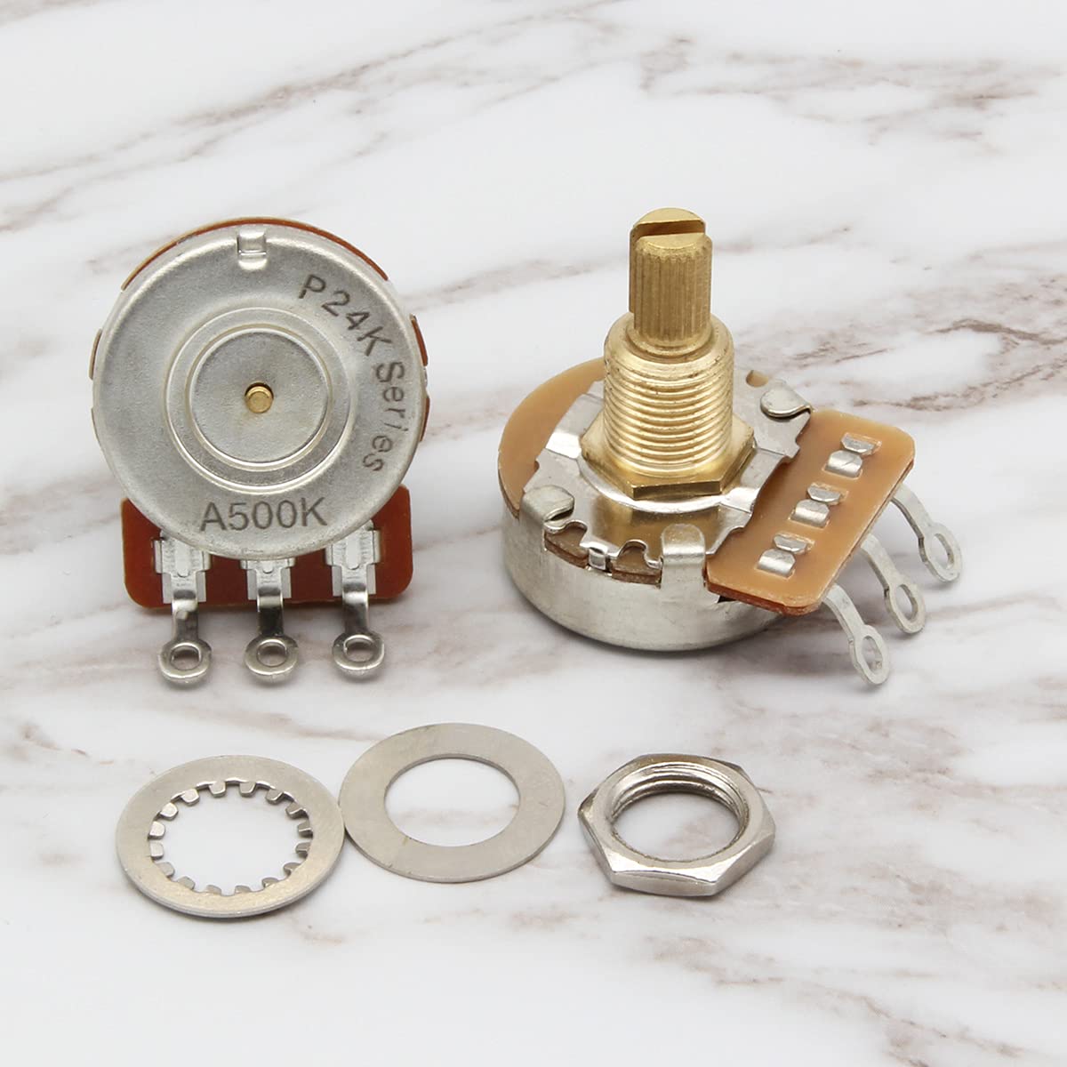 FLEOR 2pcs A500K Audio Pots 19mm Long Split Shaft Guitar Potentiometer, 24-Tooth