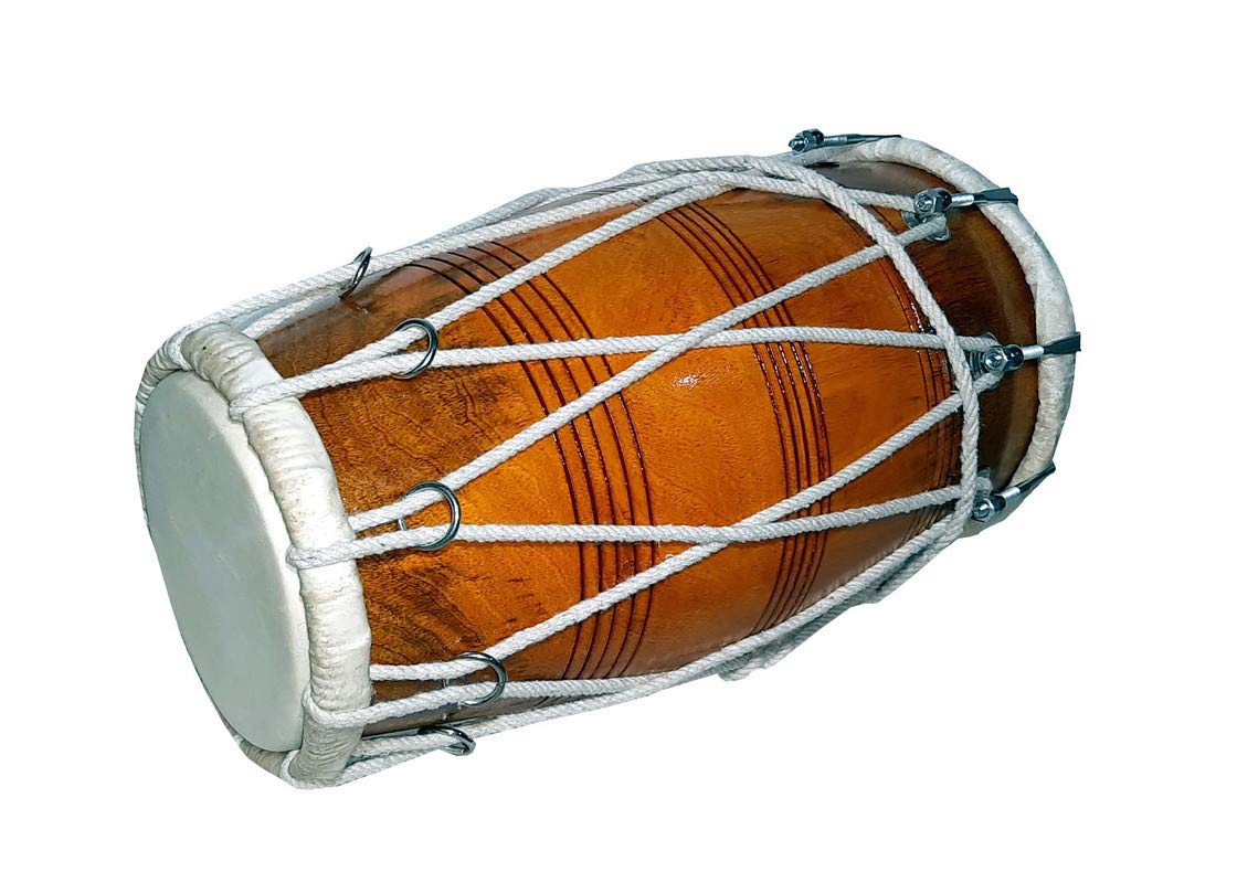Ganpati Traders Handmade Orange Shiny Polish Half Set Nut & Rope Fitting Both Side Goat Skin Dholak (Orange05)