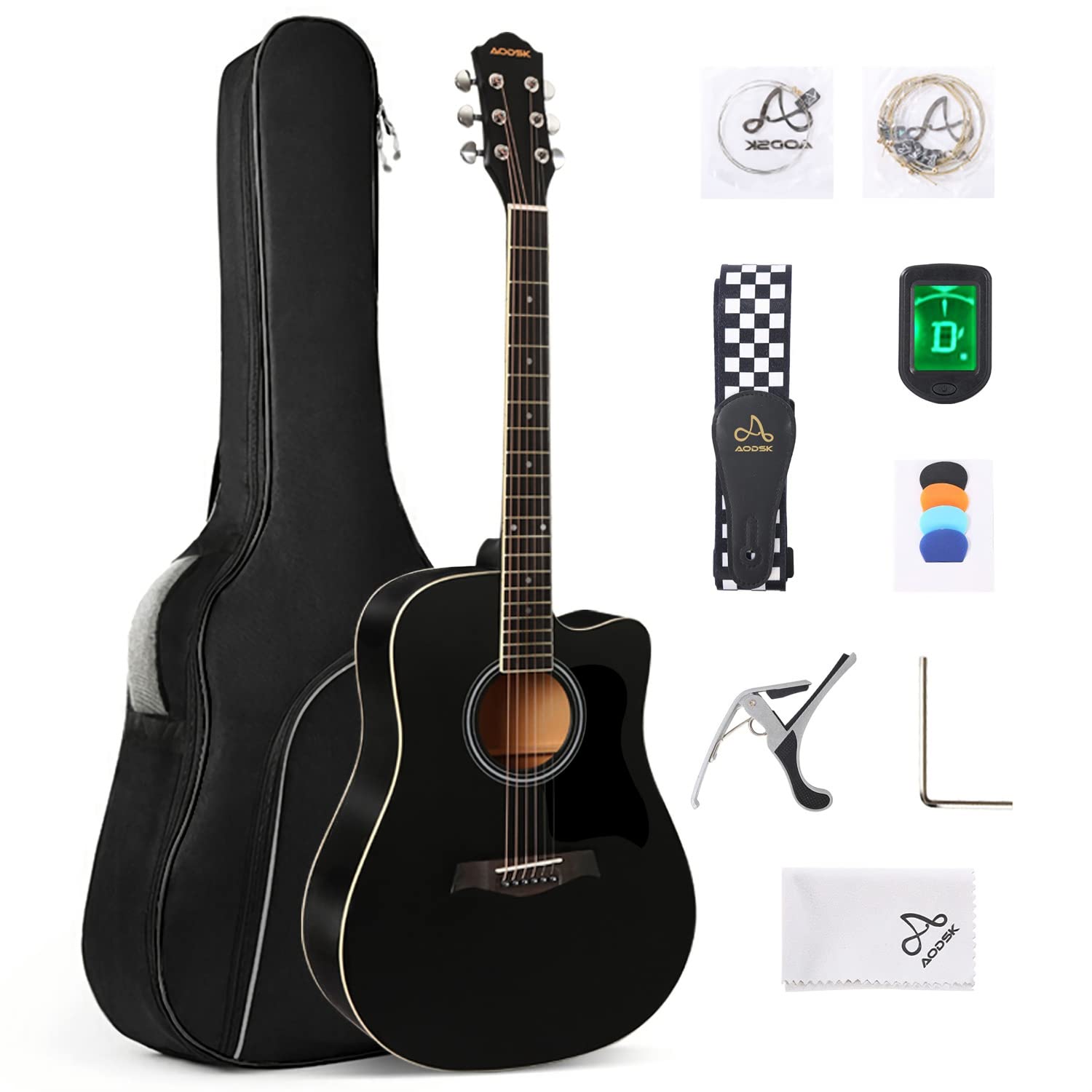 Aodsk Acoustic Guitar Beginner 41 Inch Full Size Solid Spruce Top Guitarra Bundle Kit With Gig Bag Tuner Capo Picks String Strap