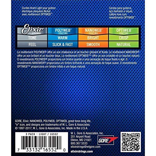 Elixir Strings 16552 Guitar Strings with OPTIWEB Coating, 3 Pack, Light (.010-.046)