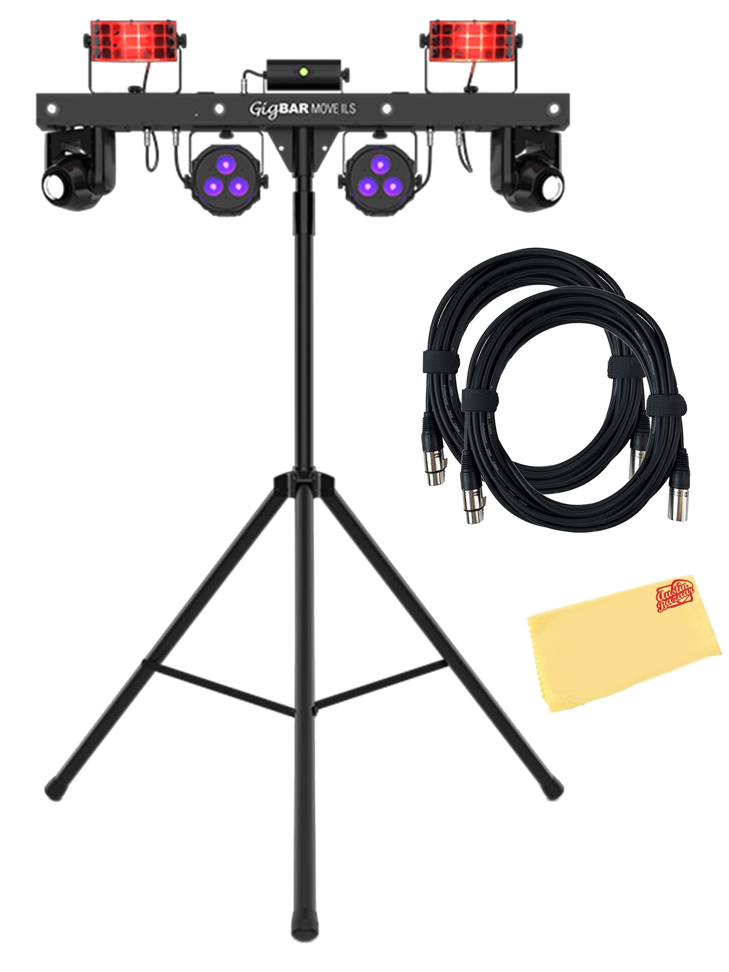 CHAUVET DJ GigBAR Move ILS 5-in-1 LED Lighting System with 2 Moving Heads Bundle with 2 DMX Cables and Austin Bazaar Polishing C