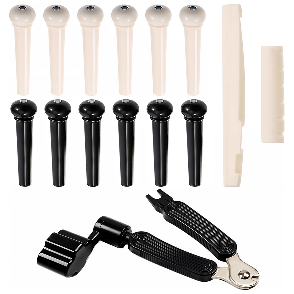 HASTHIP 14Pcs Guitar Repair Kit Includes 12 Guitar Bridge Pins, Guitar Bridge, String Winder, Saddle, Guitar String Cutter Remov