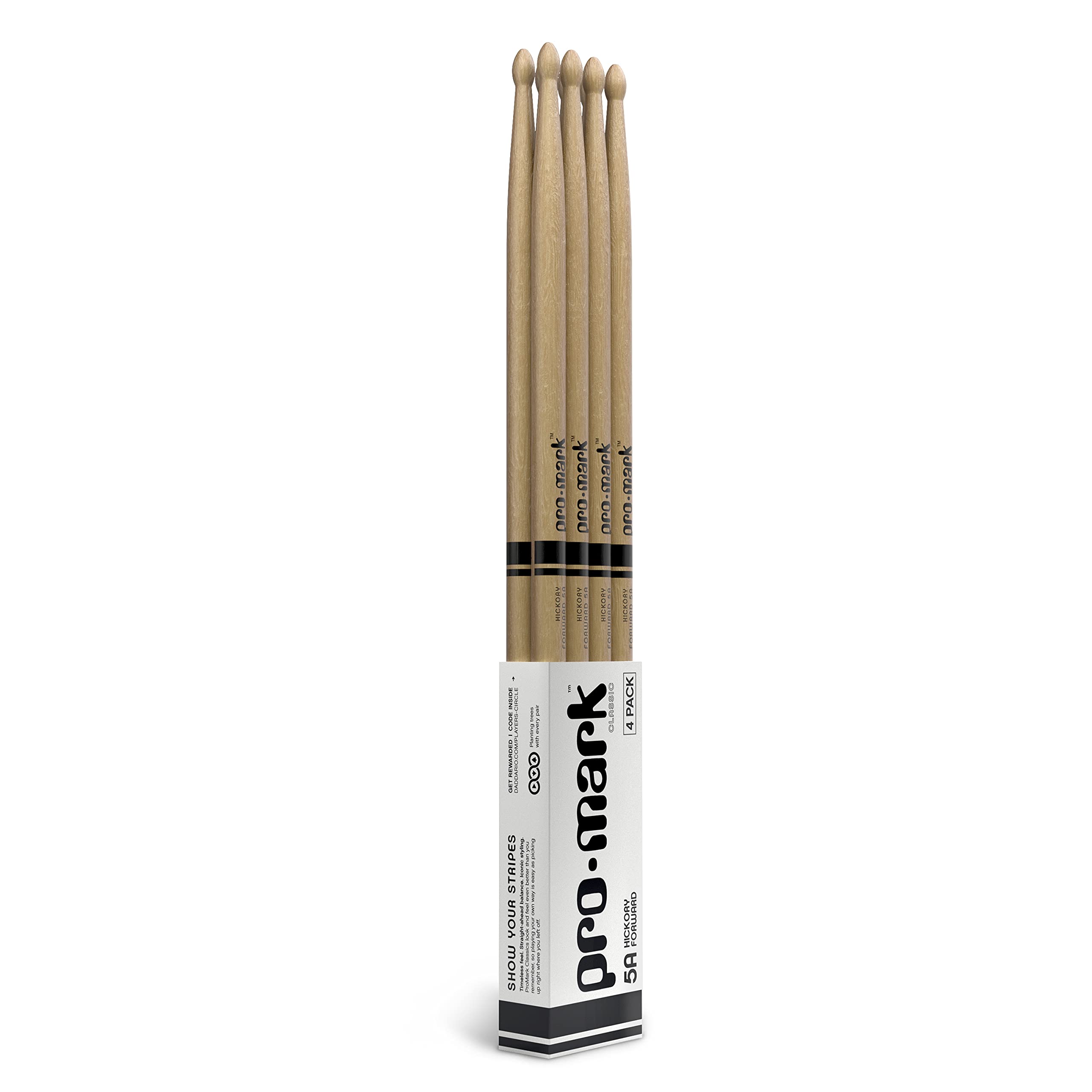 ProMark Drum Sticks 5A - Classic Forward Hickory 5A Drumsticks - Accessories for Drummers - Oval Wood Tip - 4 Pack