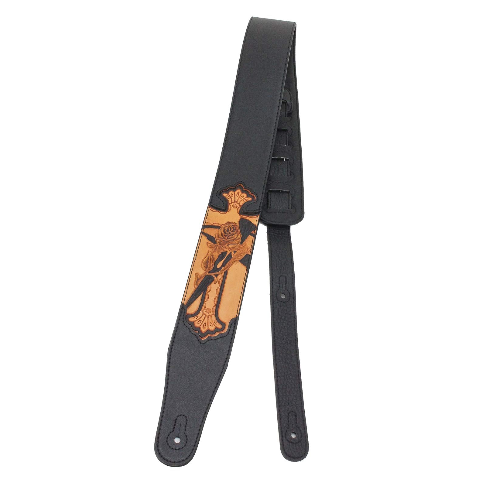 Walker & Williams CVG-21 Black Padded Leather Guitar Strap Hand Tooled Christian Rose & Cross For Acoustic, Electric, And Bass G