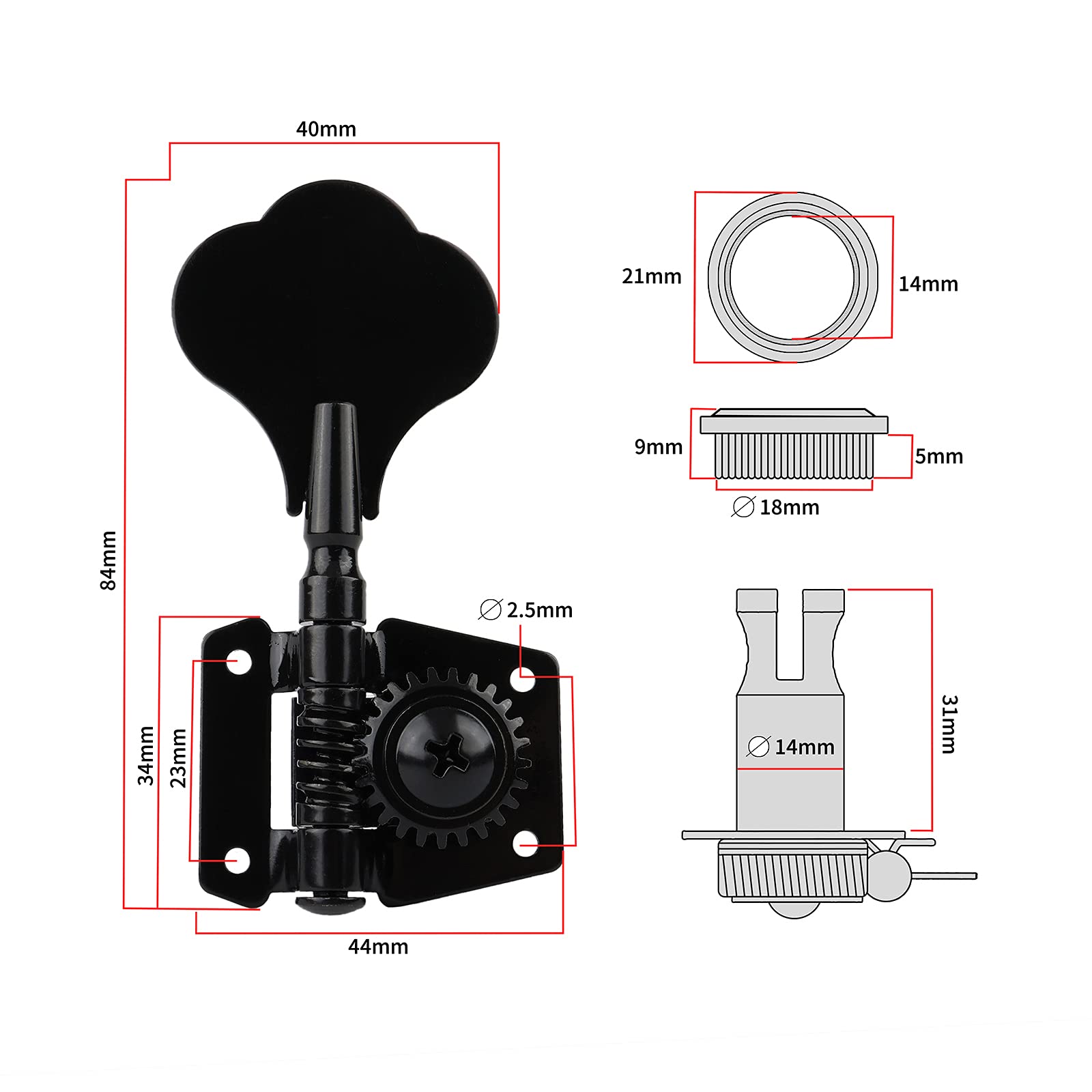 4R Bass Guitar Tuning Pegs Bass Vintage Opened Machine Heads Black