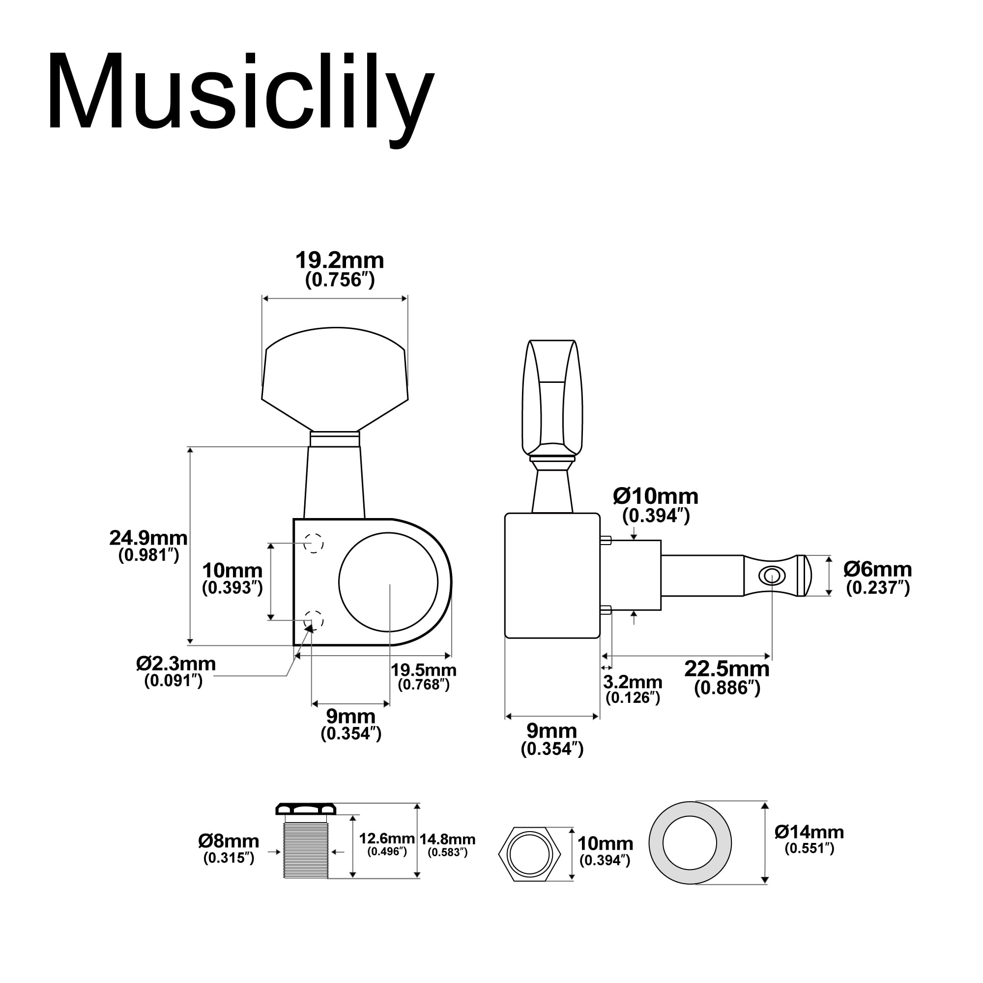 Musiclily Pro 6 inline Sealed 2-Pins Guitar Tuners Tuning Pegs Keys Machine Heads Set for Fender Squier Strat Electric Guitar, C