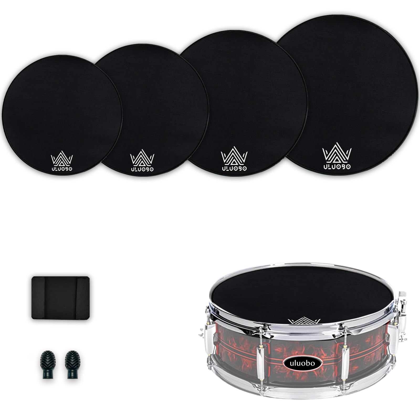 Drum Mute Pads Set 4 Pieces, Drum Silencer Pads Fit 10, 12, 14, 16 Drum, with Snare Wire Pad and 2 Pieces Drumsticks Tips