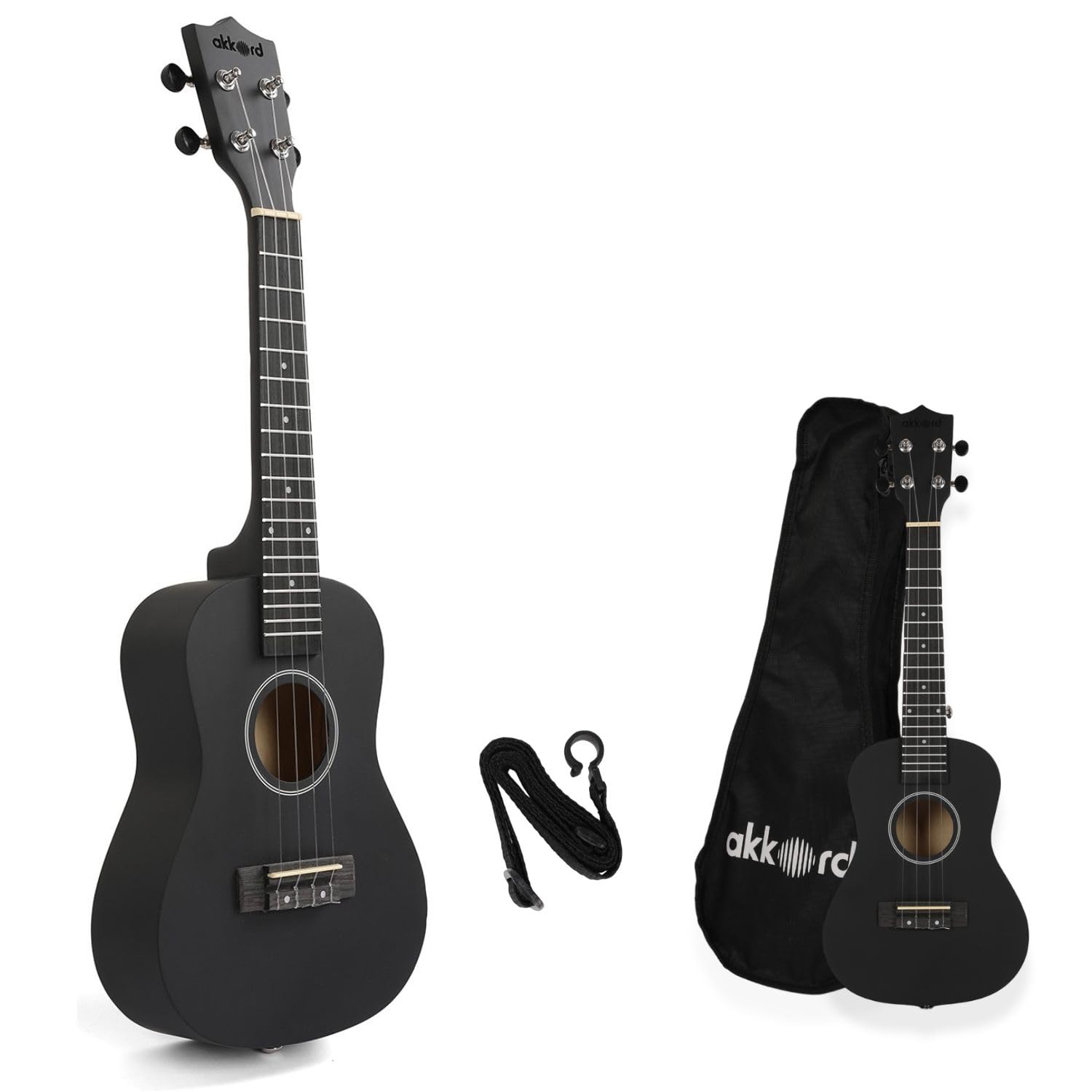 Akkord Corcert Ukelele 23, Gospel Black Colour- Matte Finish, Fluorocarbon Strings, With Strap And Bag