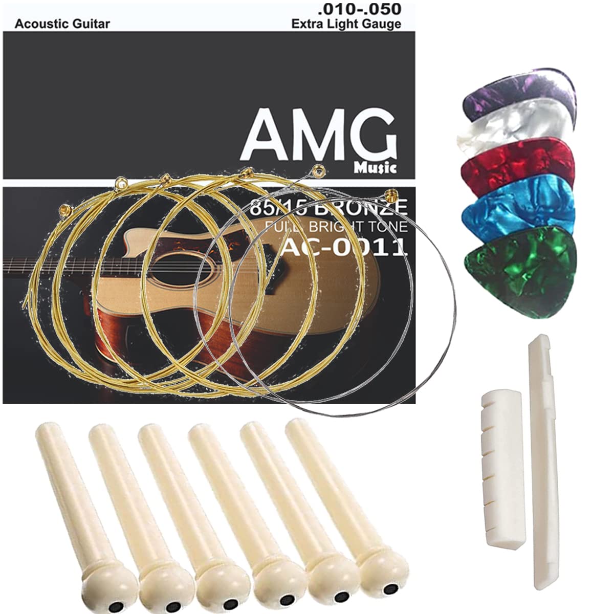 Urban Infotech Guitar Strings With Bridge Pins, Saddle Nut & Picks - Acoustic Guitar Accessories