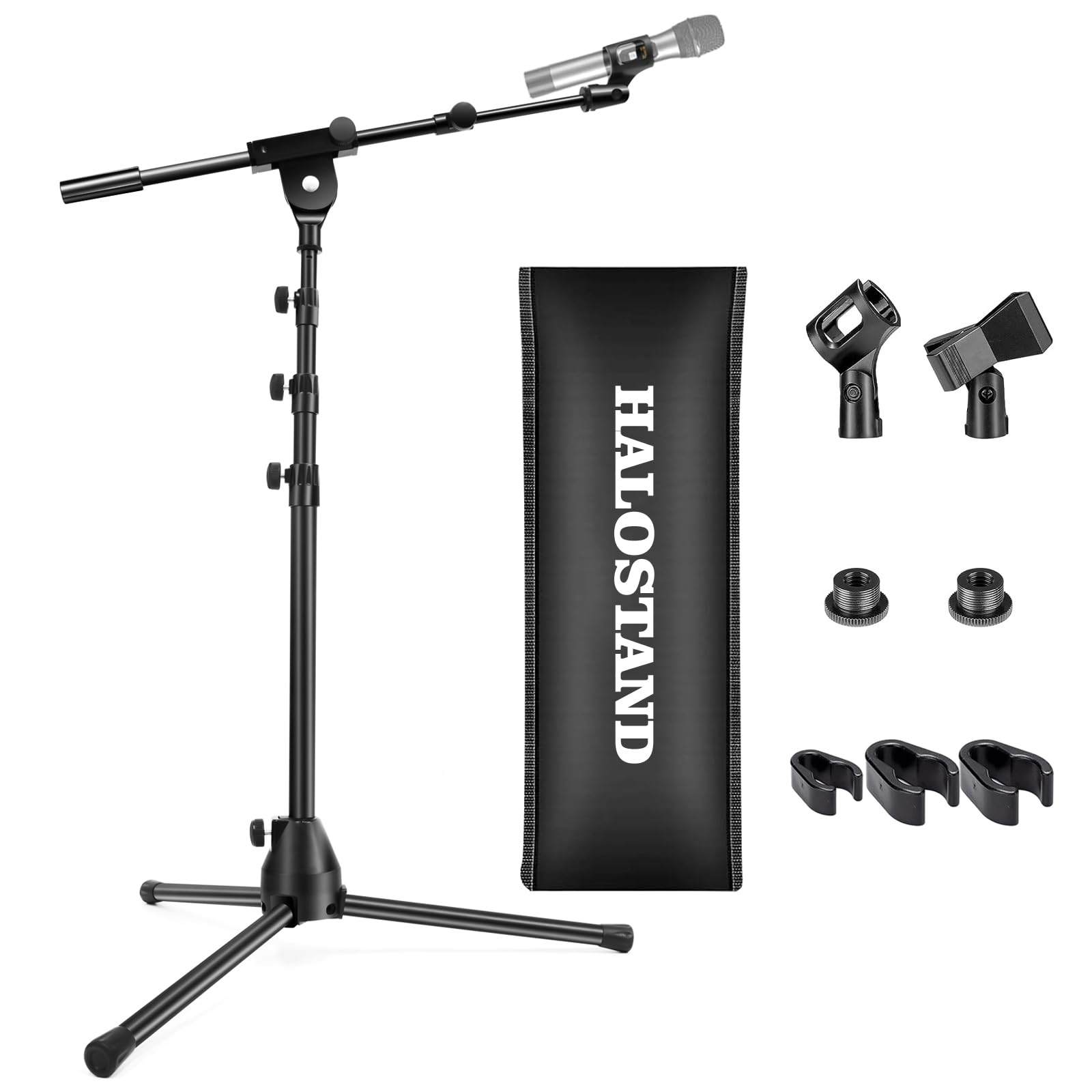 Microphone Stand Floor Standing Foldable Microphone Stand Heavy Duty Tripod Boom Arm With 2 Mic Clips And 3 Cable Clips, Mic Mou