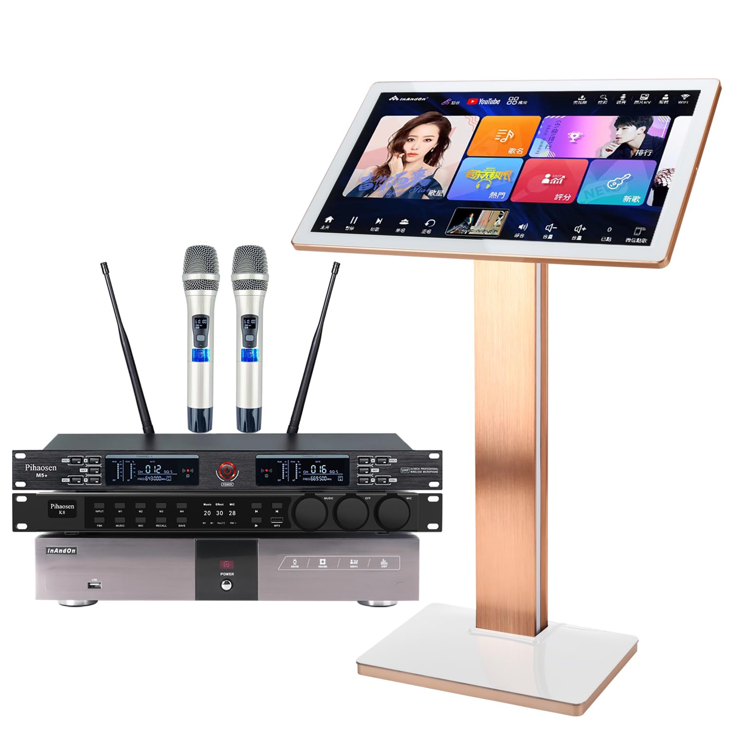 New Chinese Karaoke Machine KV-V5 MAX Karaoke Player, with Reverb Wireless Microphone, Pihaosen 22-inch capacitive Touch Screen 